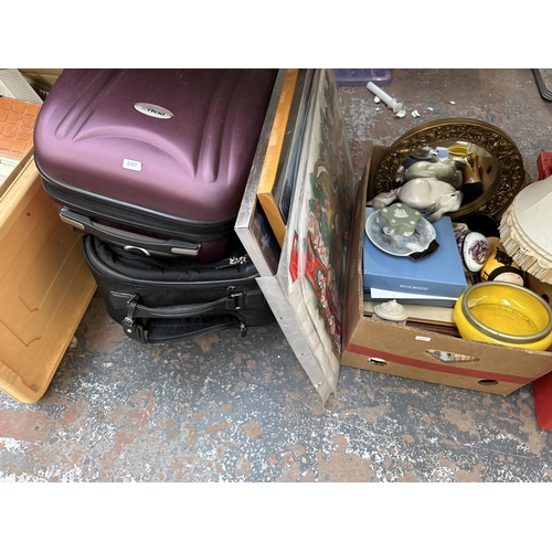 958 - Three boxes and three travel cases containing gilded convex wall mirror, W. H Goss cottage pottery d... 