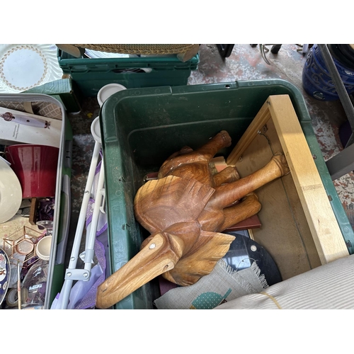 970 - Three boxes and two suitcases containing treenware, ceramics, board games, Sherborne stool etc.