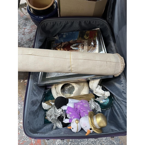 970 - Three boxes and two suitcases containing treenware, ceramics, board games, Sherborne stool etc.