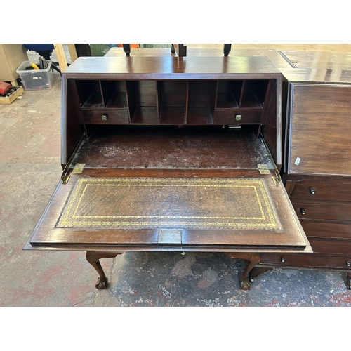 145 - A Georgian style mahogany bureau on ball and claw supports - approx. 103cm high x 76cm wide x 42cm d... 