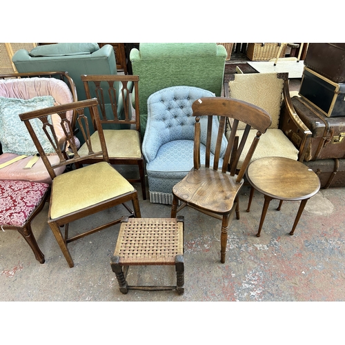 156 - Nine pieces of house clearance furniture to include Edwardian mahogany circular side table, beech an... 