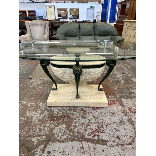 186 - An Italian Artedi fibreglass and travertine figural dining table with bevelled glass top - approx. 7... 