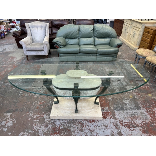 186 - An Italian Artedi fibreglass and travertine figural dining table with bevelled glass top - approx. 7... 