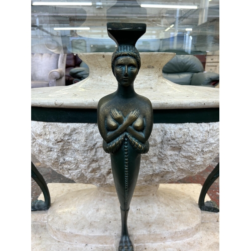 186 - An Italian Artedi fibreglass and travertine figural dining table with bevelled glass top - approx. 7... 