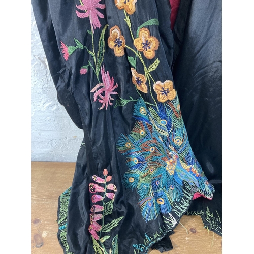 399 - A vintage Japanese embroidered silk kimono with floral and peacock design