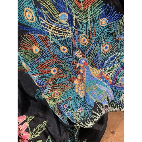 399 - A vintage Japanese embroidered silk kimono with floral and peacock design