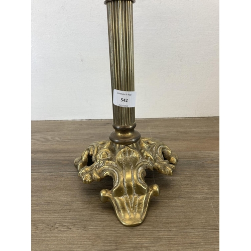 542 - A Victorian Duplex brass oil lamp with pink glass reservoir and shade - approx. 66cm high