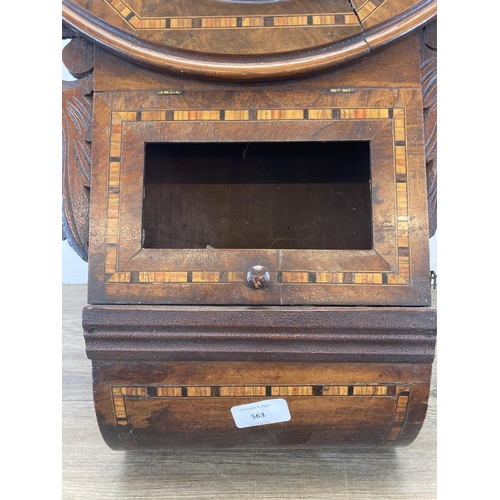 563 - A Victorian inlaid walnut chiming wall clock with white painted face and black Roman numerals