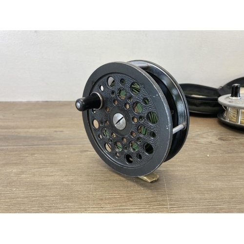 568 - Three fly fishing reels, one Grice & Young Ltd. Avon Royal Supreme, one Shakespeare Super Condex and... 