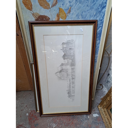 187 - Eight items, three bevelled edge wall mirrors and five pictures to include Geldart pencil signed lim... 