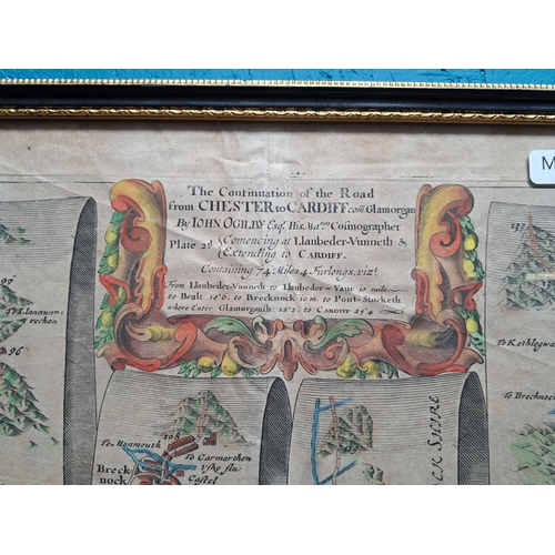 191A - A framed antique hand coloured engraved map of The Continuation of the Road from Chester to Cardiff ... 