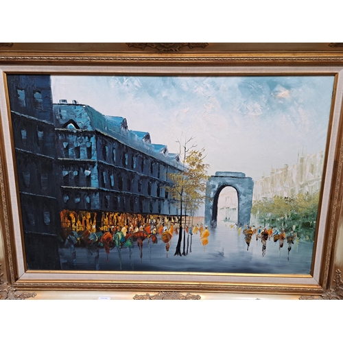 193 - A gilt framed oil on canvas of a Parisian scene - approx. 81cm high x 112cm wide