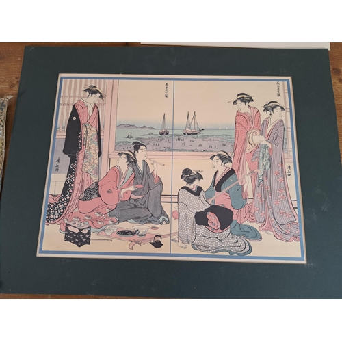 207 - Nine pictures to include two unframed Japanese Torii Kiyonaga Teahouse prints, Egyptian Tree of Life... 