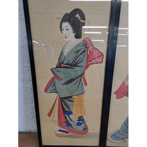 208 - Two framed Japanese Geisha girl silk paintings - approx. 82cm high x 36cm wide