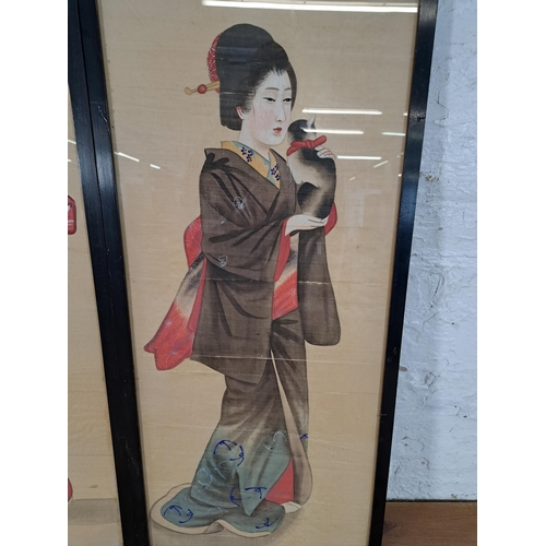 208 - Two framed Japanese Geisha girl silk paintings - approx. 82cm high x 36cm wide