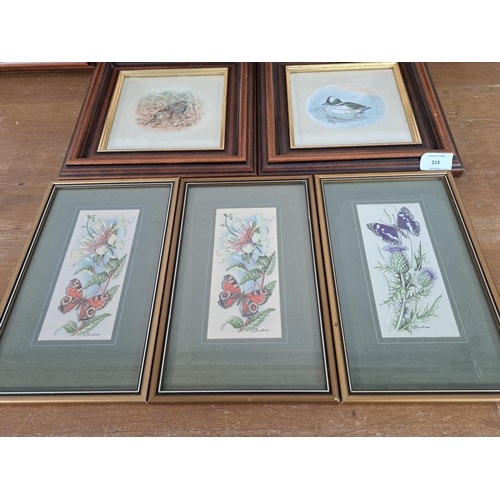 213 - Nine framed pictures, three J. & J. Cash Ltd woven pictures and six silk paintings