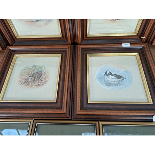 213 - Nine framed pictures, three J. & J. Cash Ltd woven pictures and six silk paintings