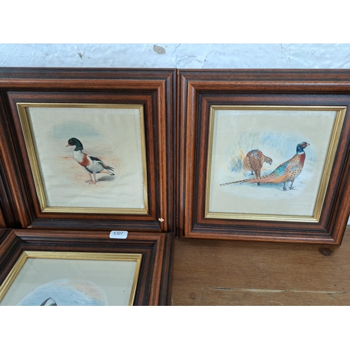 213 - Nine framed pictures, three J. & J. Cash Ltd woven pictures and six silk paintings