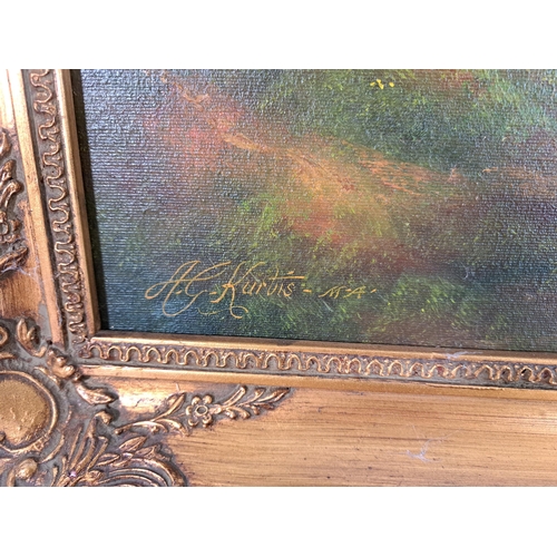 216 - A framed Andrew Grant Kurtis M . A. oil on canvas of a landscape scene - approx. 60cm high x 85cm wi... 