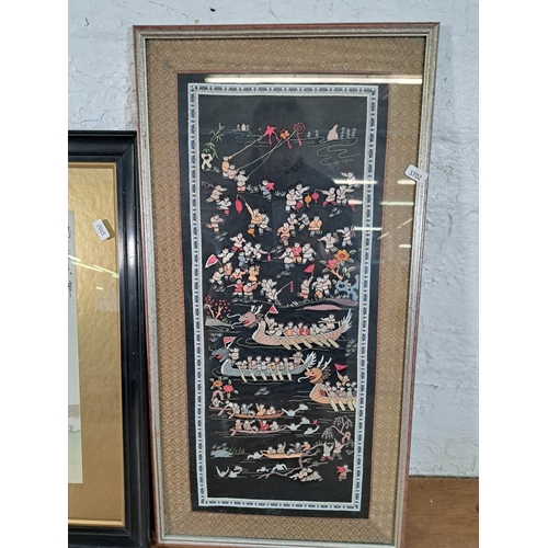 219 - Two framed Chinese pictures, one silk embroidery - approx. 66cm high x 34cm wide and one print - app... 