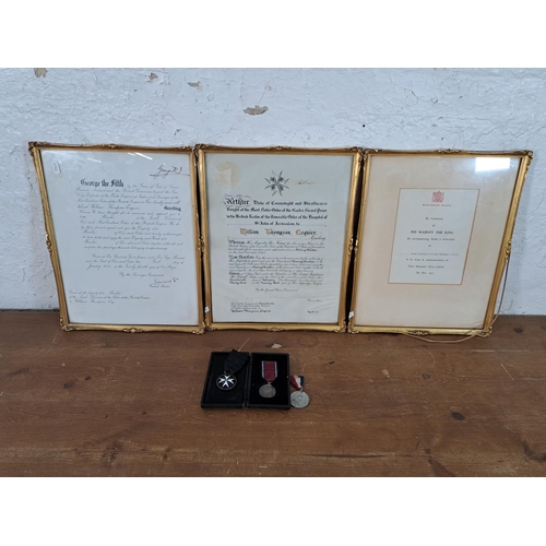 2370 - Three medals and three framed certificates presented to William Thompson to include 1935 Silver Jubi... 