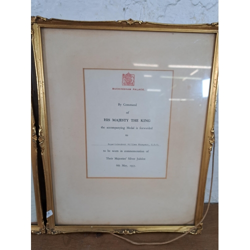 2370 - Three medals and three framed certificates presented to William Thompson to include 1935 Silver Jubi... 