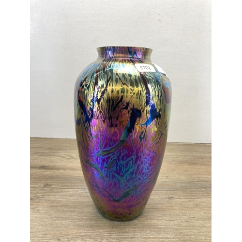 240 - A boxed Royal Brierley iridescent art glass vase - approx. 23cm high