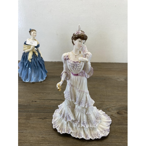 249 - Five ceramic lady figurines, one Coalport Golden Age Eugenie First Night At The Opera limited editio... 