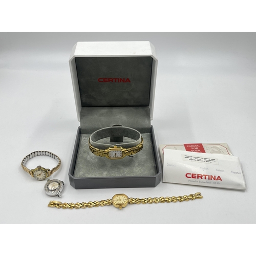 2221 - Four lady's wristwatches, one boxed Certina, one Ingersoll, one Excalibur and one Sekonda