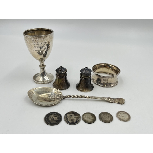 2238 - Ten silver items, four .925 coins, one .500 threepence, two sterling salt and pepper shakers, one 19... 