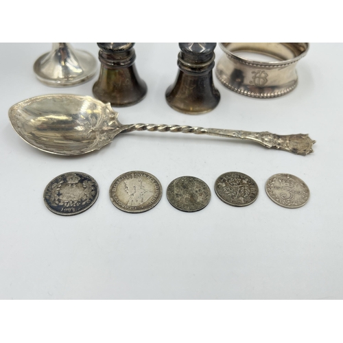 2238 - Ten silver items, four .925 coins, one .500 threepence, two sterling salt and pepper shakers, one 19... 