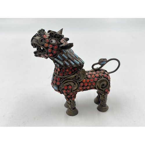 2351 - A Chinese filigree brass turquoise and coral foo dog figurine - approx. 7cm high