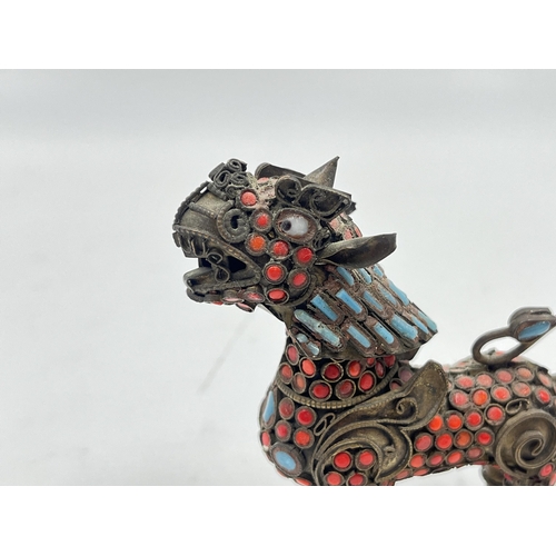 2351 - A Chinese filigree brass turquoise and coral foo dog figurine - approx. 7cm high