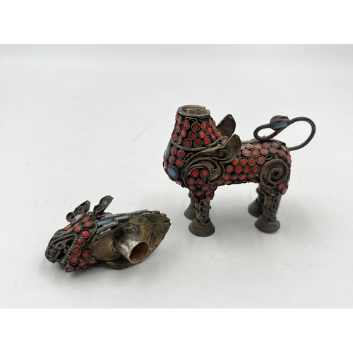 2351 - A Chinese filigree brass turquoise and coral foo dog figurine - approx. 7cm high