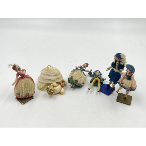 2352 - Six 1930s French Grand Siècle style miniature figurines, five wool and one shell