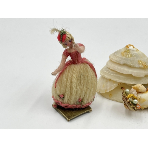 2352 - Six 1930s French Grand Siècle style miniature figurines, five wool and one shell