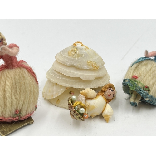 2352 - Six 1930s French Grand Siècle style miniature figurines, five wool and one shell