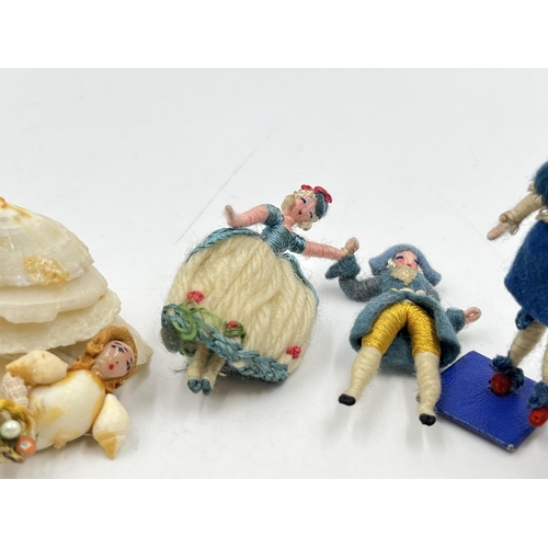 2352 - Six 1930s French Grand Siècle style miniature figurines, five wool and one shell