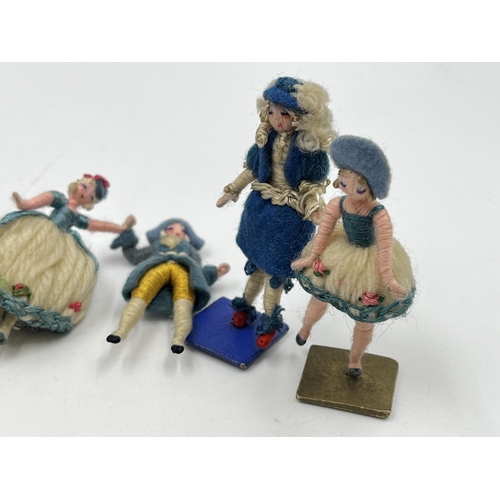 2352 - Six 1930s French Grand Siècle style miniature figurines, five wool and one shell