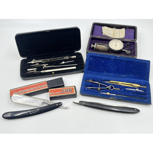 2363 - Five items, two cased precision drawing sets, one boxed The Crown & Sword cut-throat razor, one Krop... 