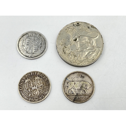 2371A - Four items, one 92.5% silver 1817 shilling, one 92.5% silver 1899 shilling, one 75% silver 1930 Iris... 