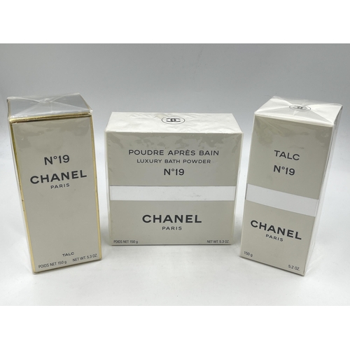 2382 - Three boxed and sealed Chanel No.19 beauty products, two 150g talcum powder and one 150g luxury bath... 