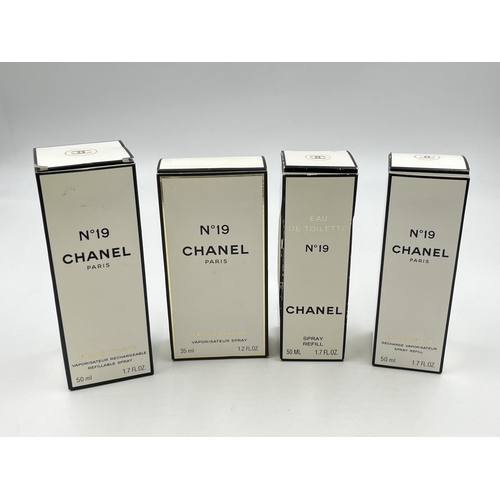 2383 - Four boxed Chanel No.19 sprays, three 50ml eau de toilette refillable and one 35ml eau de parfum