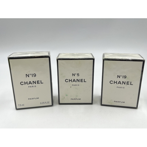 2384 - Three boxed and sealed Chanel 7ml parfum sprays, two No.19 and one No.5