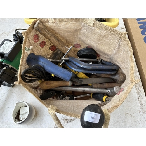 856 - A collection of tools to include pair of cast metal G-clamps, 240v Salamander pump, mallets and hamm... 