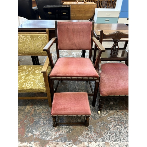 23 - Five pieces of furniture to include late 19th/early 20th century carved mahogany and pink fabric uph... 