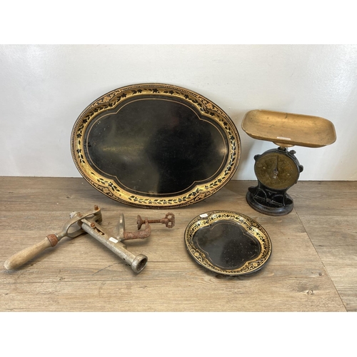 338 - Four pieces of antique metalware, two Victorian black and gold plated serving trays, one 19th centur... 