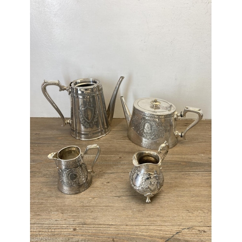 339 - A collection of antique metalware to include cutlery, Victorian four piece tea and coffee set, pewte... 