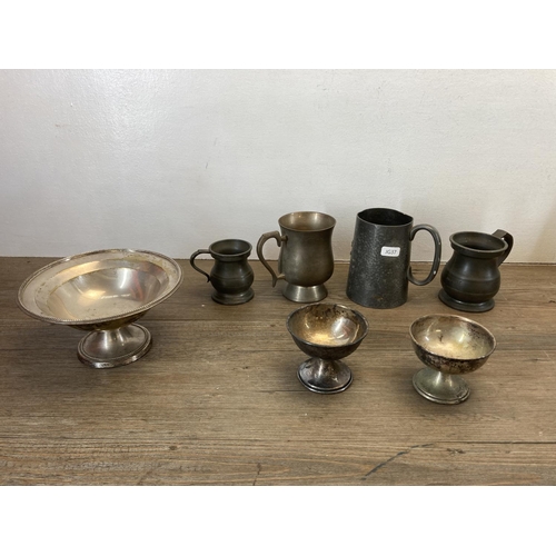 339 - A collection of antique metalware to include cutlery, Victorian four piece tea and coffee set, pewte... 