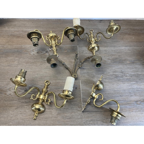 342 - A collection of vintage metalware to include brass wall hanging picture lights, pair of Victorian st... 